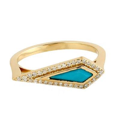 Artisan Women's Gold / Blue / White Yellow Gold Band Ring With Natural Diamonds & Kite Turquoise