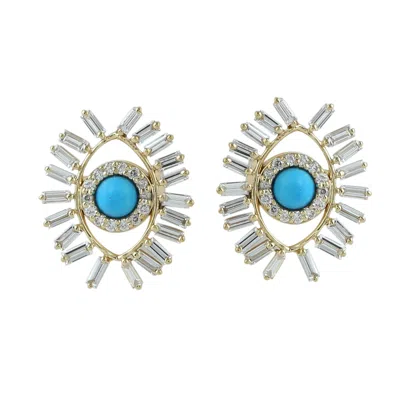 Artisan Women's Gold / Blue / White Yellow Gold Evil Eye Stud Earrings With Turquoise & Baguette Diamonds In Metallic