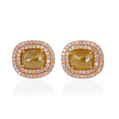 Artisan Women's Gold / Brown 18k Yellow Gold Two-row Stud Earrings With Natural Ice Diamonds