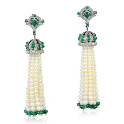 Artisan Women's Gold / Green 18k White Gold & Silver Emerald, Pearl & Diamond Thread Drop Earrings