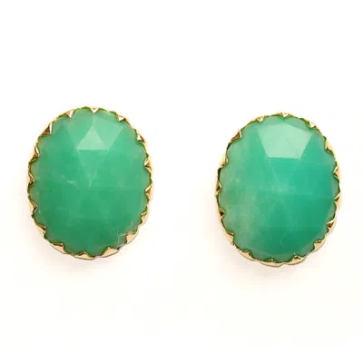 Artisan Women's Gold / Green 18k Yellow Gold Stud Earrings With Oval Chrysoprase Gemstones