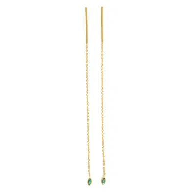 Artisan Women's Gold / Green Beautiful Fashionable 18k Solid Gold & Marquise Emerald Chain Ear Thread Earrin In Gold/green