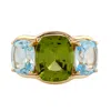 Artisan Women's Gold / Green / Blue Cushion Cut Peridot & Blue Topaz Gemstone Three Stone Ring In Gold