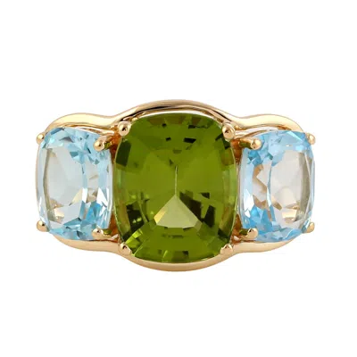 Artisan Women's Gold / Green / Blue Cushion Cut Peridot & Blue Topaz Gemstone Three Stone Ring In Gold
