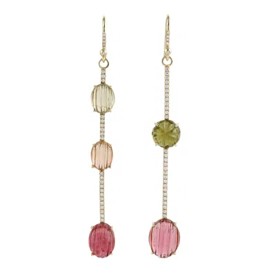 Artisan Women's Gold / Green Carved Tourmaline & Diamond Linear Drop Earrings In 14k Yellow Gold In Gold/green