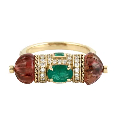 Artisan Women's Gold / Green Emerald & Carved Pink Tourmaline Designer Ring In 14k Yellow Gold