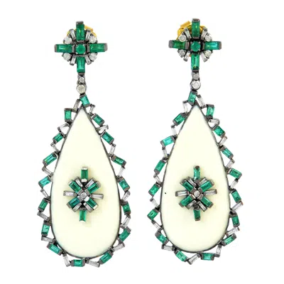 Artisan Women's Gold / Green Emerald & Diamond Enamel Drop Earrings In 18k Yellow Gold & Silver In Gold/green