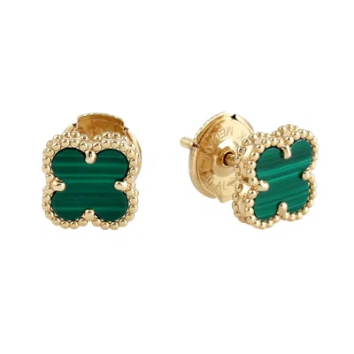 Artisan Women's Gold / Green Malachite Clover Stud Earrings In 18k Yellow Gold – Beaded Frame Designer Jewel In Multi