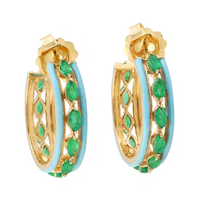 Artisan Women's Gold / Green Marquise Emerald Gemstone Enamel Hoop Earrings In Yellow Gold