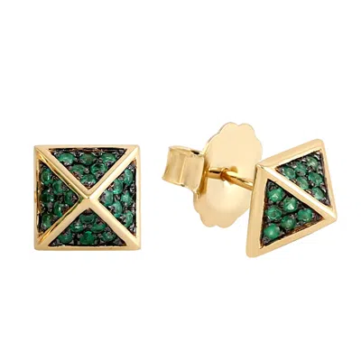 Artisan Women's Gold / Green Minimalist Pyramid Stud Earrings With Emeralds In Gold In Multi