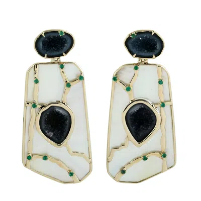 Artisan Women's Gold / Green Mother Of Pearl, Geode & Prong Set Emerald Dangle Earrings In Gold In Multi