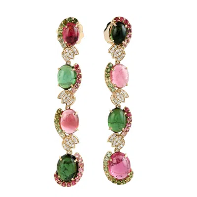 Artisan Women's Gold / Green Multicolor Tourmaline Gemstone & Diamond Dangle Earrings In Gold