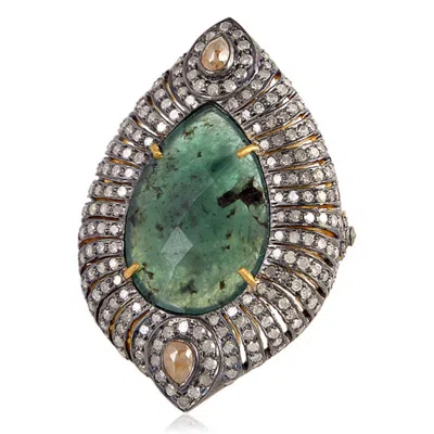 Artisan Women's Gold / Green Pear Emerald & Diamond In 18k Gold 925 Sterling Silver Ring