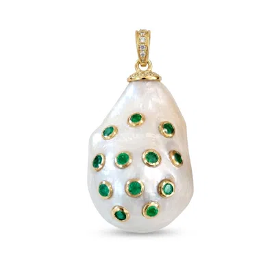 Artisan Women's Gold / Green / White 14k Yellow Gold Emerald & Chinese Pearl Diamond Pendant In Gold/green/white