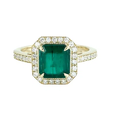 Artisan Women's Gold / Green / White 14k Yellow Gold Emerald & Diamond Halo Statement Ring In Gold/green/white