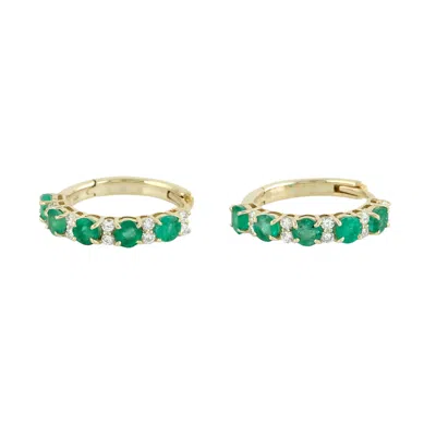 Artisan Women's Gold / Green / White 14k Yellow Gold Emerald & Diamond Hoop Earrings