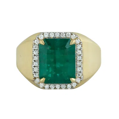 Artisan Women's Gold / Green / White 14k Yellow Gold Emerald Cut Emerald & Diamond Halo Ring