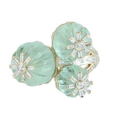 Artisan Women's Gold / Green / White Carved Emerald & Diamond Cluster Ring In 14k Yellow Gold In Gold/green/white