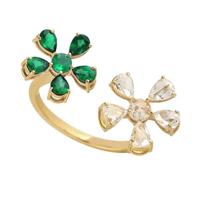 Artisan Women's Gold / Green / White Designer Emerald & Rose-cut Diamond Bypass Ring In 18k Gold