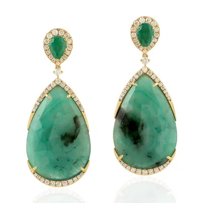 Artisan Women's Gold / Green / White Emerald Gemstone & Diamond Dangle Earrings In Yellow Gold