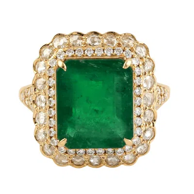 Artisan Women's Gold / Green / White Emerald Gemstone Rose Cut Diamond Cocktail Ring In Yellow Gold