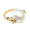Artisan Women's Gold / Green / White Gold Snake Cocktail Ring With South Sea Pearl & Tsavorite Gemstones