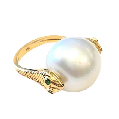 Artisan Women's Gold / Green / White Gold Snake Cocktail Ring With South Sea Pearl & Tsavorite Gemstones