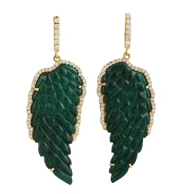 Artisan Women's Gold / Green / White Natural Carved Malachite & Diamond Feather Earrings In Yellow Gold In Multi