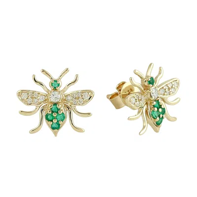 Artisan Women's Gold / Green / White Natural Emerald & Diamond Bumble Bee Stud Earrings In Gold