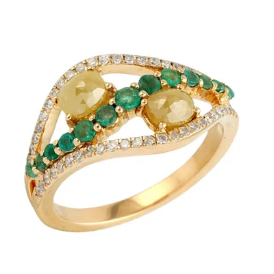 Artisan Women's Gold / Green / White Natural Emerald & Ice Diamond Pave Diamond Band Ring In Gold