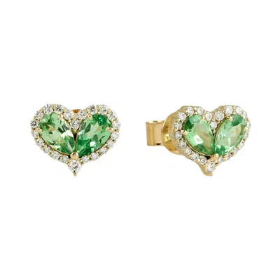 Artisan Women's Gold / Green / White Natural Tsavorite & Diamond Heart Stud Earrings In Yellow Gold