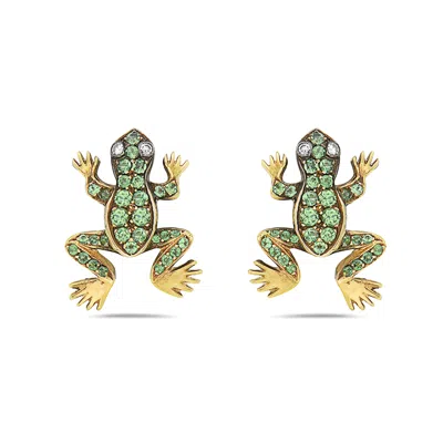 Artisan Women's Gold / Green / White Playful Frog Earrings With Diamonds And Tsavorite In Gold