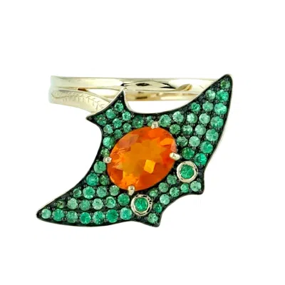 Artisan Women's Gold / Orange / Green 18k Yellow Gold Manta Ray-inspired Fire Opal & Tsavorite Ring