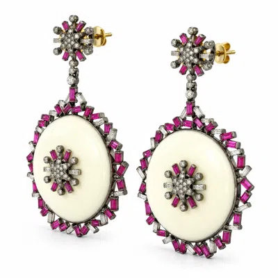Artisan Women's Gold / Pink 18k Gold & Silver Ruby, White Enamel & Diamond Drop Earrings In Multi