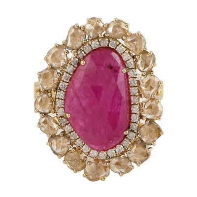 Artisan Women's Gold / Pink / Brown 18k Yellow Gold Oval Ruby Ring With Ice Diamond Halo & Split Shank In Multi