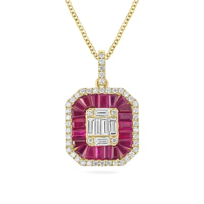 Artisan Women's Gold / Pink / Purple Baguette Cut Ruby Gemstone & Diamond Pendant In Yellow Gold