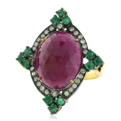 Artisan Women's Gold / Pink / Purple Gold Silver Pave Diamond Ruby Emerald Gemstone Cocktail Ring Handmade In Gold/pink/purple