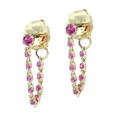 Artisan Women's Gold / Pink / Purple Natural Pink Sapphire Chain Ear Thread Earrings In Yellow Gold