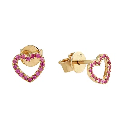 Artisan Women's Gold / Pink / Purple Pink Sapphire Gemstone Heart Shape Stud Earrings In Yellow Gold In Multi