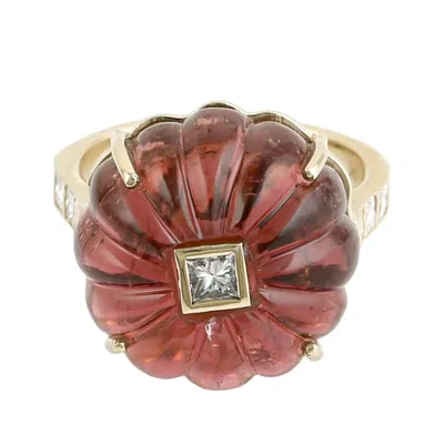 Artisan Women's Gold / Pink / White 14k Yellow Gold Carved Pink Tourmaline & Diamond Statement Ring In Gold/pink/white