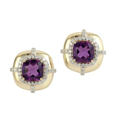 Artisan Women's Gold / Purple / White 14k Yellow Gold Cushion Amethyst & Diamond Stud Earrings