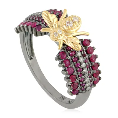 Artisan Women's Gold / Red 18k Yellow Gold In Prong Ruby & Diamond Housefly Design Band Ring In Metallic