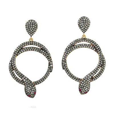 Artisan Women's Gold / Red Natural Diamond Snake Drop Dangle Earrings 18k Gold Ruby In Gray