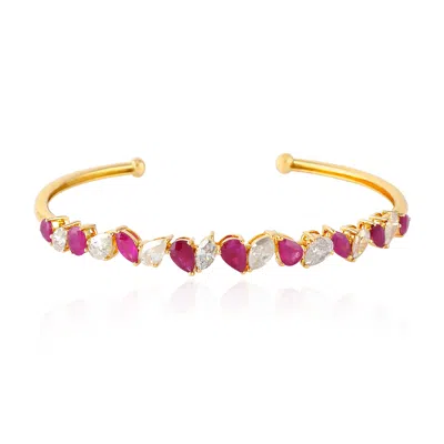 Artisan Women's Gold / Red / White Designer Ruby & Rose-cut Diamond Cuff Bangle In 18k Gold