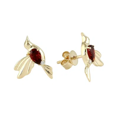 Artisan Women's Gold / Red / White Garnet & Diamond Hammering Bird Stud Earrings In 14k Gold In Multi