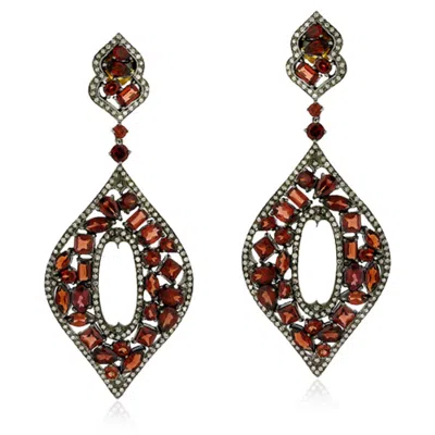 Artisan Women's Gold / Silver / Red Gold Pave Diamond Garnet Dangle Earrings Sterling Silver In Gold/silver/red