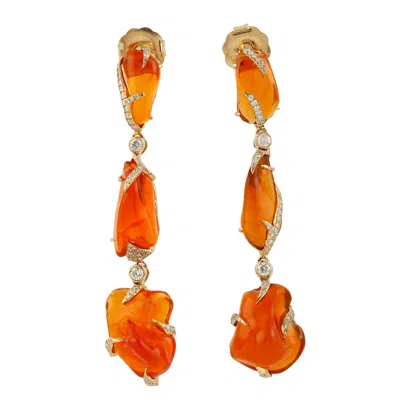 Artisan Women's Gold Unshaped Dangle Earrings With Natural Fire Opal & Pave Diamonds By