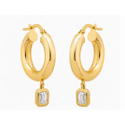 Artisan Women's Gold / White 14k Yellow Gold Baguette Diamond Drop Hoop Earrings In Gold/white