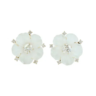 Artisan Women's Gold / White 14k Yellow Gold Carved Crystal & Diamond Flower Stud Earrings In Gold/white