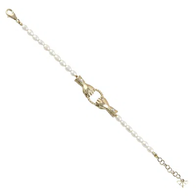 Artisan Women's Gold / White 14k Yellow Gold Diamond, Freshwater Pearl & Thread Claddagh Bracelet In Multi